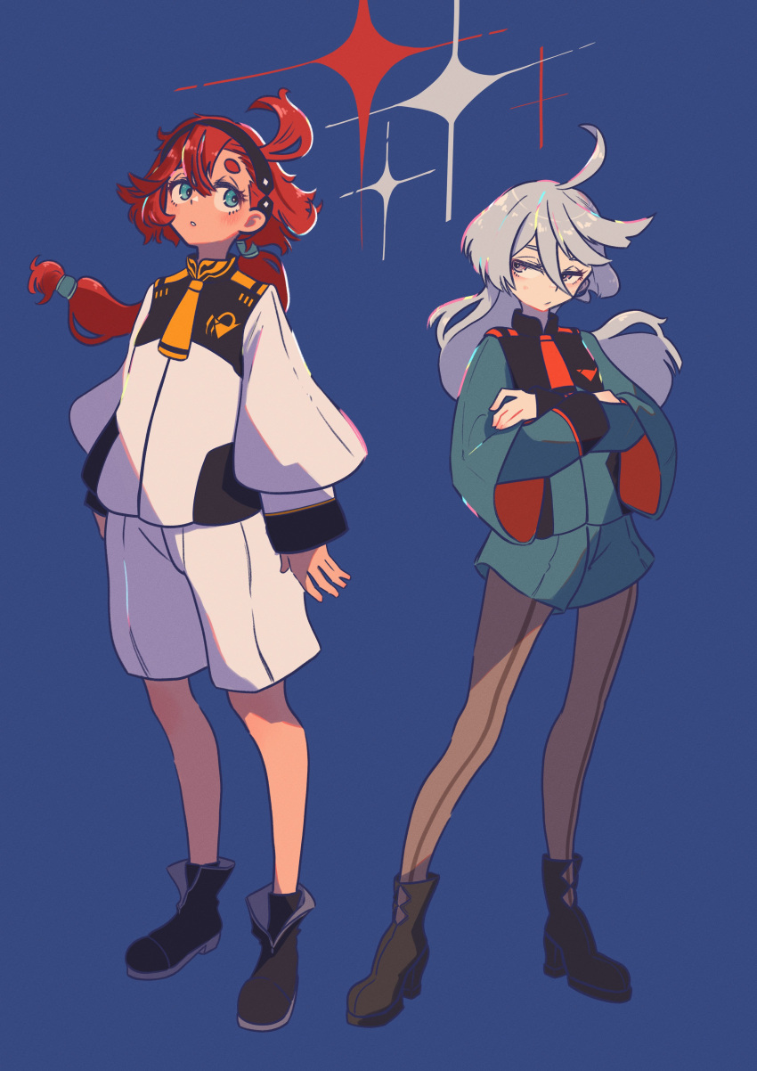 2girls absurdres ahoge ankle_boots aqua_eyes asticassia_school_uniform black_footwear black_hairband black_socks blue_background blush boots commentary_request cowlick crossed_arms eyelashes full_body green_jacket green_shorts grey_eyes grey_hair gundam gundam_suisei_no_majo hair_between_eyes hairband high_heels highres jacket long_hair long_sleeves looking_at_another low_ponytail medaka_(user_ucft3727) miorine_rembran multiple_girls necktie pantyhose parted_lips red_necktie redhead school_uniform shiny shiny_hair shorts socks sparkle standing suletta_mercury thick_eyebrows white_jacket white_shorts wide_sleeves yellow_necktie