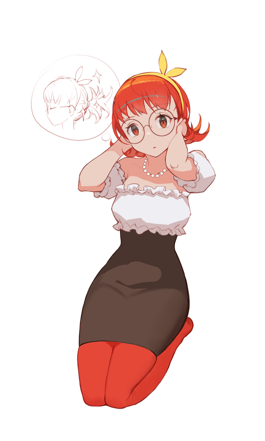 1girl :o alternate_hairstyle arms_up bare_arms bare_shoulders black_skirt breasts chinese_commentary collarbone commentary curly_hair detached_sleeves frilled_shirt frilled_sleeves frills full_body gem glasses hairband hands_in_hair hands_up high-waist_skirt high_ponytail highres jewelry kneeling limited_palette looking_at_viewer medium_hair miniskirt multiple_views necklace no_shoes orange_eyes orange_hair orange_pantyhose orange_theme original pantyhose pearl_(gemstone) pearl_necklace pencil_skirt peter_pan_(adtc7243) puffy_short_sleeves puffy_sleeves round_eyewear shirt short_sleeves skirt smile sparkle strapless strapless_shirt thought_bubble white_background white_shirt yellow_hairband