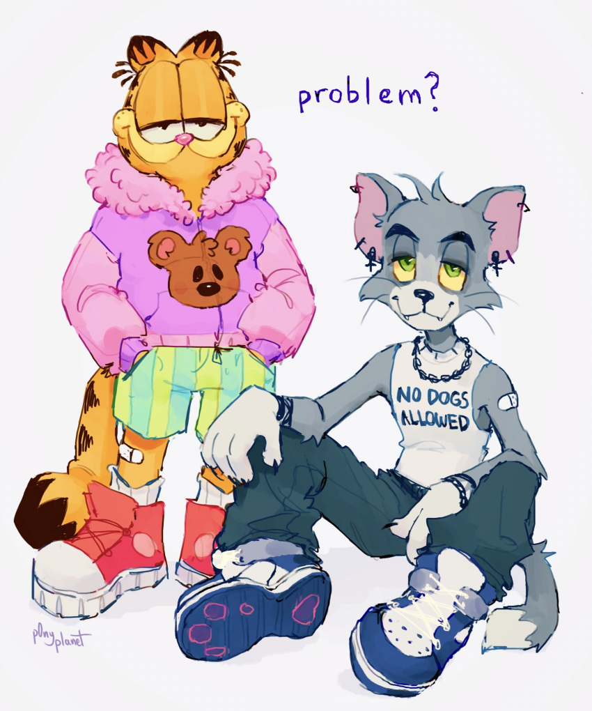 2boys animal_ears animal_nose aqua_shorts artist_name bandaid bandaid_on_knee bandaid_on_leg bandaid_on_shoulder black_eyes body_fur cat_boy cat_ears cat_tail character_print closed_mouth clothes_writing colored_sclera commentary ear_piercing earrings english_commentary english_text fur_trim furry furry_male garfield garfield_(character) green_eyes green_shorts grey_background grey_fur half-closed_eyes high_tops highres hood hoodie jacket jewelry long_sleeves looking_at_viewer multiple_boys orange_fur p0nyplanet pants piercing pink_hoodie platform_footwear pooky_(garfield) red_footwear shirt shoelaces shoes shorts signature simple_background sitting sleeveless smile sneakers socks standing striped striped_shorts tail thick_eyebrows tom_(tom_and_jerry) tom_and_jerry whiskers yellow_sclera