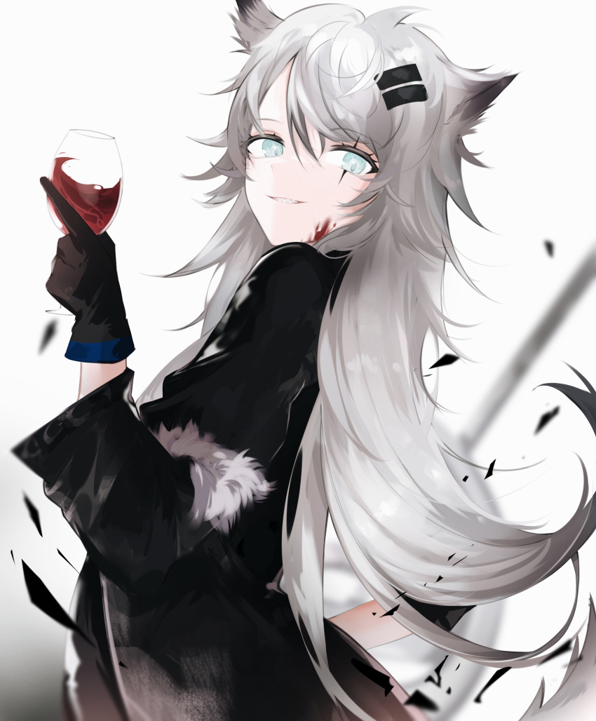 1girl absurdres animal_ears arknights black_coat blood blood_on_face blue_eyes coat cowboy_shot cup drinking_glass from_side grey_hair gupipy hair_ornament hairclip highres holding holding_cup lappland_(arknights) long_hair long_sleeves looking_at_viewer parted_lips scar scar_across_eye simple_background smile solo tail very_long_hair white_background wine_glass wolf_ears wolf_girl wolf_tail