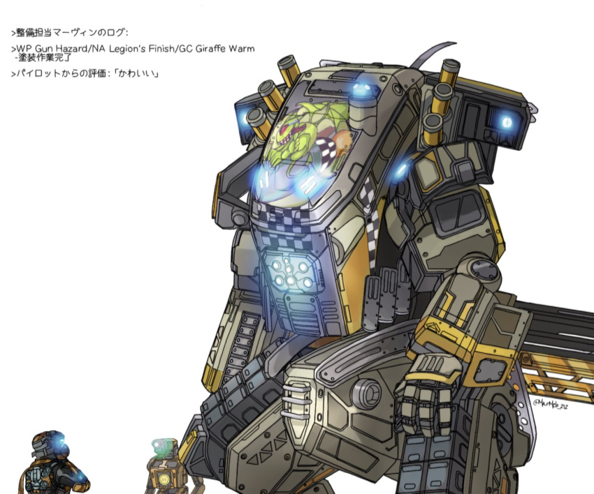 1boy assault_visor blue_eyes extra_eyes grapple_pilot_(titanfall_2) green_eyes gun hand_on_own_thigh helmet highres humanoid_robot kotone_a legion_(titanfall_2) looking_down looking_up mecha mrvn one-eyed pilot_(titanfall_2) robot science_fiction solo_focus titan_(titanfall) titanfall_(series) titanfall_2 twitter_username weapon weapon_on_back white_background