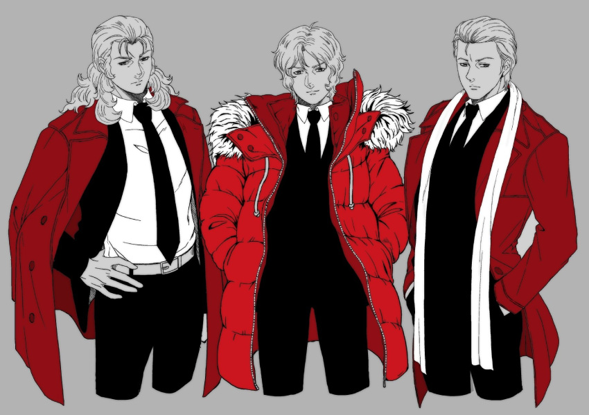 3boys belt char's_counterattack char_aznable coat collared_shirt cropped_legs drawstring expressionless formal full_frontal fur-trimmed_jacket fur_trim gundam gundam_unicorn hand_on_hip hands_in_pockets highres jacket jacket_on_shoulders light_smile long_hair long_sleeves looking_at_viewer looking_to_the_side male_focus monochrome multiple_boys necktie quattro_vageena red_coat red_jacket red_theme shirt short_hair siodam410 spot_color stole suit trench_coat winter_clothes winter_coat zeta_gundam
