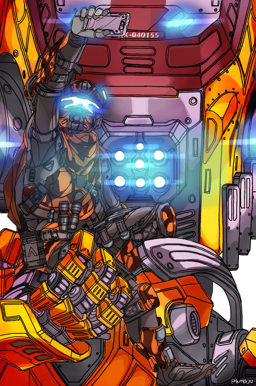 1boy assault_visor belt extra_eyes glowing glowing_eyes grapple_pilot_(titanfall_2) grey_belt helmet highres holding holding_phone in_palm knee_pads kotone_a lifting_person mecha non-humanoid_robot on_mecha orange_scarf phone pilot_(titanfall_2) robot scarf science_fiction scorch_(titanfall_2) selfie sitting straight-on titan_(titanfall) titanfall_(series) titanfall_2 white_background