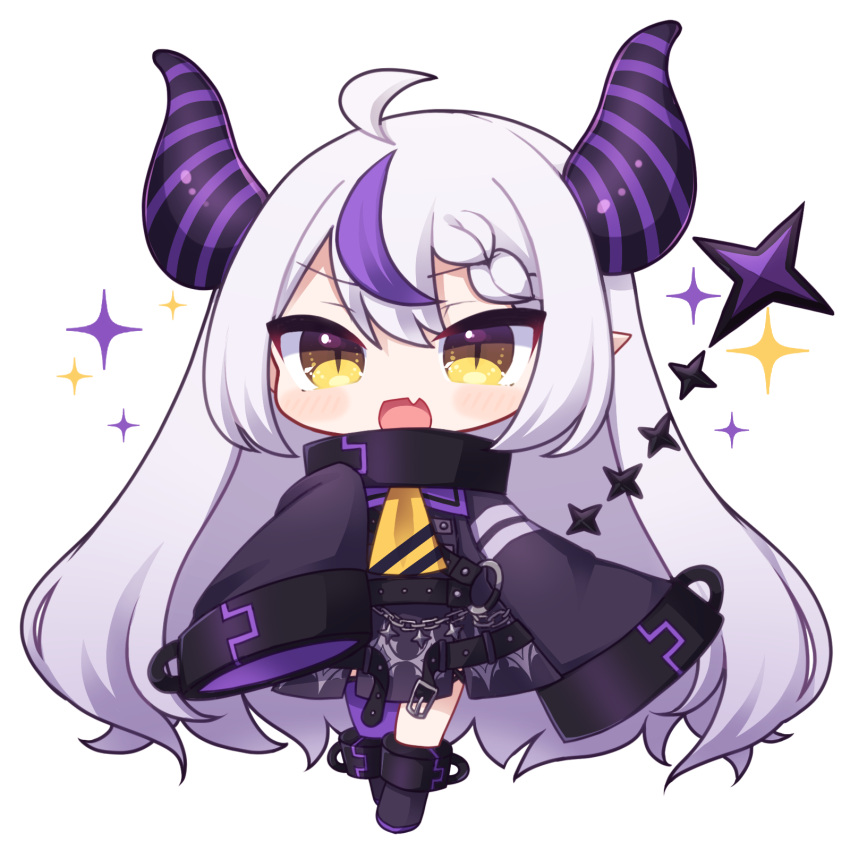 1girl :d bangs black_dress black_footwear blush boots braid braided_bangs chibi commentary_request demon_horns dress fang full_body hair_between_eyes highres hololive horns la+_darknesss long_sleeves looking_at_viewer multicolored_hair pointy_ears purple_hair purple_thighhighs rensei simple_background single_thighhigh sleeves_past_fingers sleeves_past_wrists smile solo sparkle streaked_hair thigh-highs thighhighs_under_boots virtual_youtuber white_background yellow_eyes