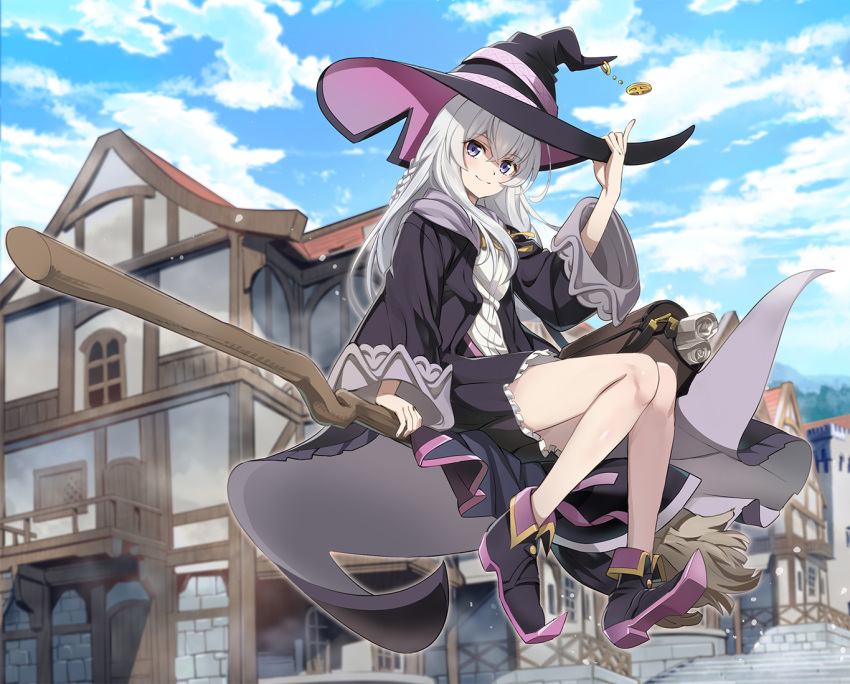 1girl bangs black_footwear black_headwear black_robe black_skirt blue_sky braid breasts broom broom_riding brown_bag cityscape closed_mouth clouds cloudy_sky commentary day elaina_(majo_no_tabitabi) frilled_skirt frills full_body grey_hair hair_between_eyes hand_on_headwear hat long_hair long_sleeves looking_at_viewer majo_no_tabitabi neck_ribbon nyoro_(nyoronyoro000) open_clothes open_robe outdoors outline pleated_skirt ribbon robe scroll shirt sidelocks skirt sky small_breasts smile solo violet_eyes white_outline white_shirt wide_sleeves witch witch_hat yellow_ribbon