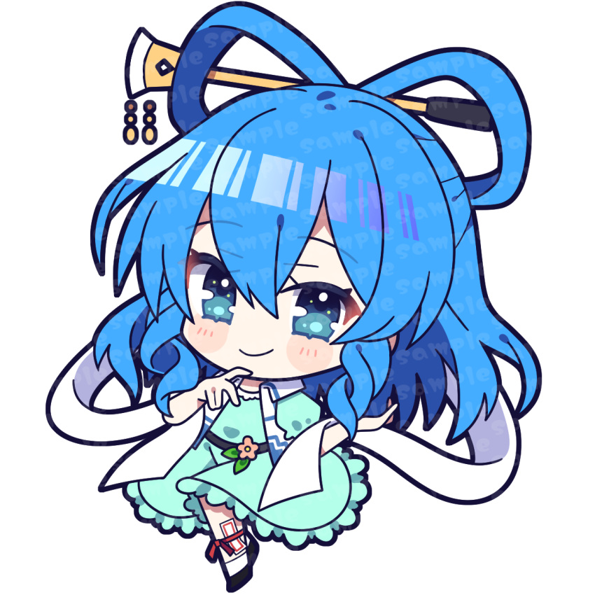 1girl black_footwear blue_dress blue_eyes blue_hair chibi chisel closed_mouth dress flower full_body hair_ornament hair_rings hair_stick highres kaku_seiga looking_at_viewer ofuda pink_flower short_hair smile socks solo touhou transparent_background vest watermark white_socks white_vest yoriteruru