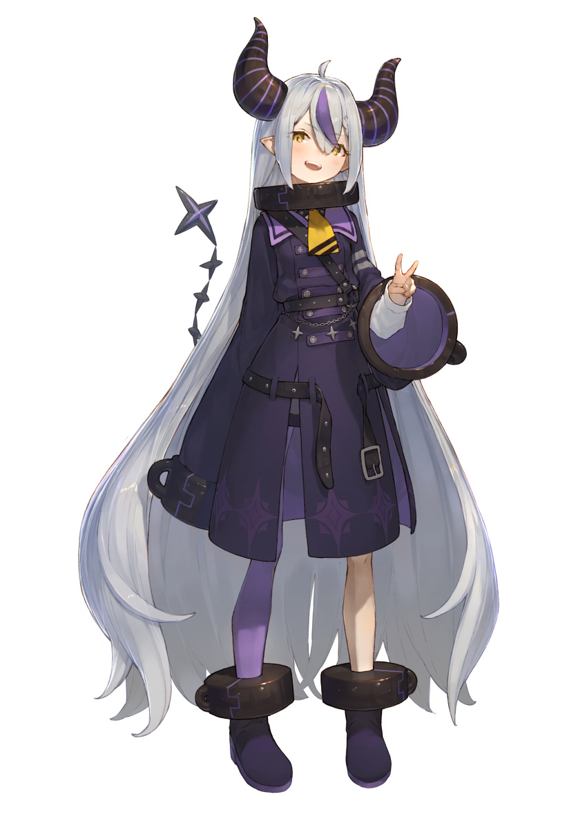 1girl :d absurdres ahoge ascot coat cuffs demon_girl demon_horns demon_tail full_body grey_hair hand_up highres hololive holox horns la+_darknesss long_hair looking_at_viewer multicolored_hair open_mouth purple_coat purple_hair shiloroshi simple_background single_thighhigh sleeves_past_fingers sleeves_past_wrists smile solo standing streaked_hair striped_horns tail thigh-highs v very_long_hair virtual_youtuber white_background yellow_ascot yellow_eyes