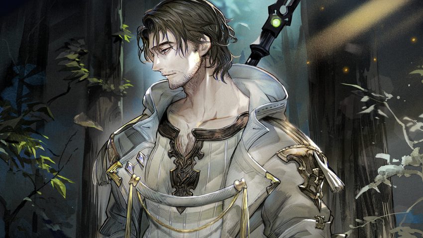 1boy absurdres arm_hair beard blade_xlord bug butterfly character_request chest_hair cropped facial_hair forest glowing hairy highres holding holding_polearm holding_weapon jewelry looking_to_the_side male_focus mature_male nanase_miri nature neck_hair official_art pectoral_cleavage pectorals polearm ring short_hair sideburns sleeves_rolled_up solo standing stubble sunlight tree weapon