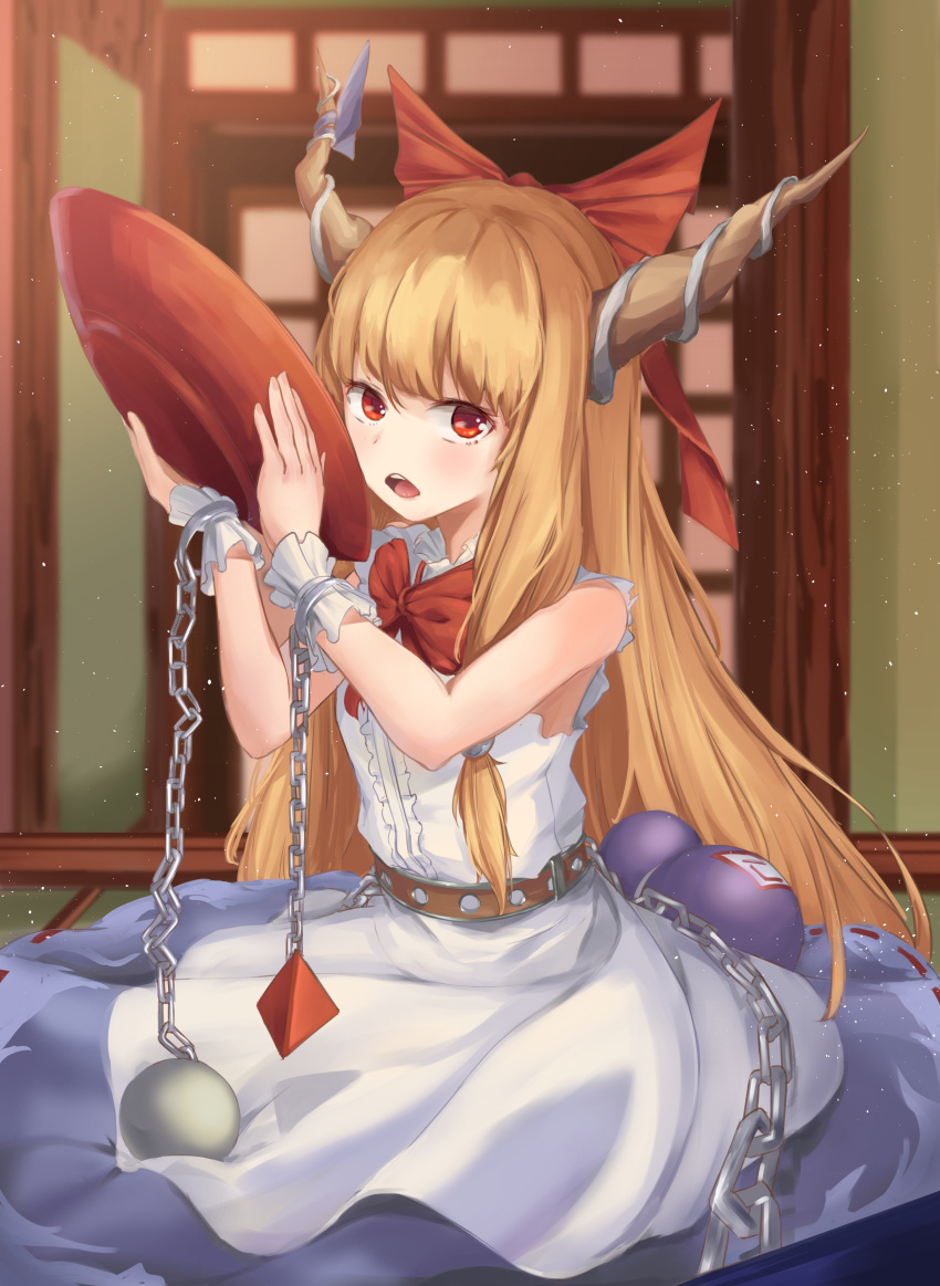 1girl absurdres alcohol belt blue_skirt bow chain choko_(cup) cup gourd hair_bow highres holding holding_cup horn_ornament horn_ribbon horns ibuki_suika indoors long_hair looking_at_viewer ofuda oni oni_horns open_mouth orange_hair orb pyramid_(structure) red_bow red_eyes ribbon rin_llm sake shirt skirt sleeveless sleeveless_shirt solo touhou white_shirt