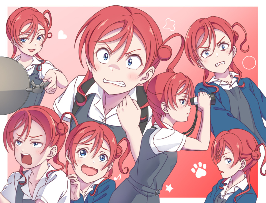 1girl bangs binoculars birthday blue_eyes blush circle clenched_teeth collarbone commentary expressions hair_bun heart holding holding_binoculars love_live! love_live!_superstar!! multiple_views musical_note paw_print red_background redhead school_uniform single_side_bun star_(symbol) teeth tsukimi_seiya upper_body yoneme_mei yuigaoka_school_uniform