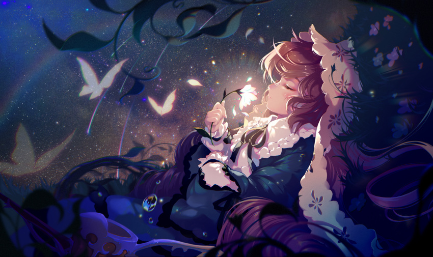 1girl azusa0v0 black_ribbon blush bonnet brown_hair bug butterfly closed_eyes closed_mouth collared_dress commentary_request dress flower from_side grass highres holding holding_flower long_hair long_sleeves lying night on_back on_grass profile ribbon rozen_maiden sky solo star_(sky) starry_sky suiseiseki very_long_hair watering_can