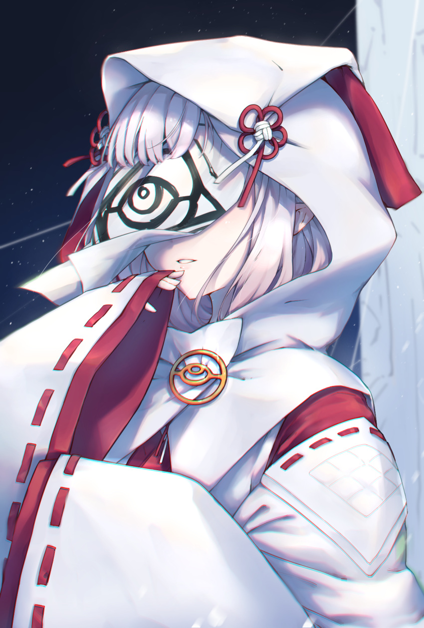1girl bangs blunt_bangs cloak covered_eyes highres hololive hololive_english hood hood_up hooded_cloak itona1026 japanese_clothes long_sleeves mask pointy_ears sleeves_past_wrists solo virtual_youtuber wahtcher_(ninomae_ina'nis) white_cloak white_hair wide_sleeves