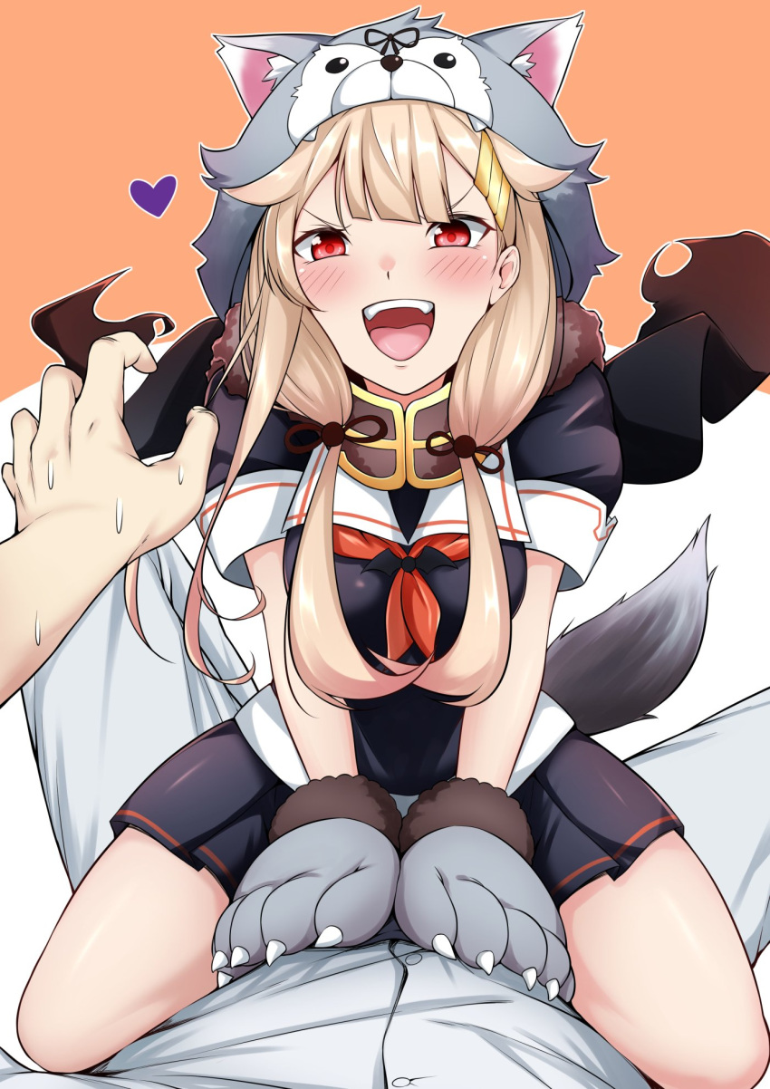 1boy 1girl admiral_(kancolle) animal_hands black_ribbon black_scarf black_serafuku black_shirt black_skirt blonde_hair commentary_request gloves hair_flaps hair_ornament hairclip highres kantai_collection long_hair looking_at_viewer neckerchief official_alternate_costume paw_gloves pleated_skirt pov red_eyes red_neckerchief ribbon rikkii_(likito_yuzu_is) sailor_collar scarf school_uniform serafuku shirt skirt straddling sweat sweating_profusely tail twintails white_sailor_collar wolf_head wolf_tail yuudachi_(kancolle) yuudachi_kai_ni_(kancolle)