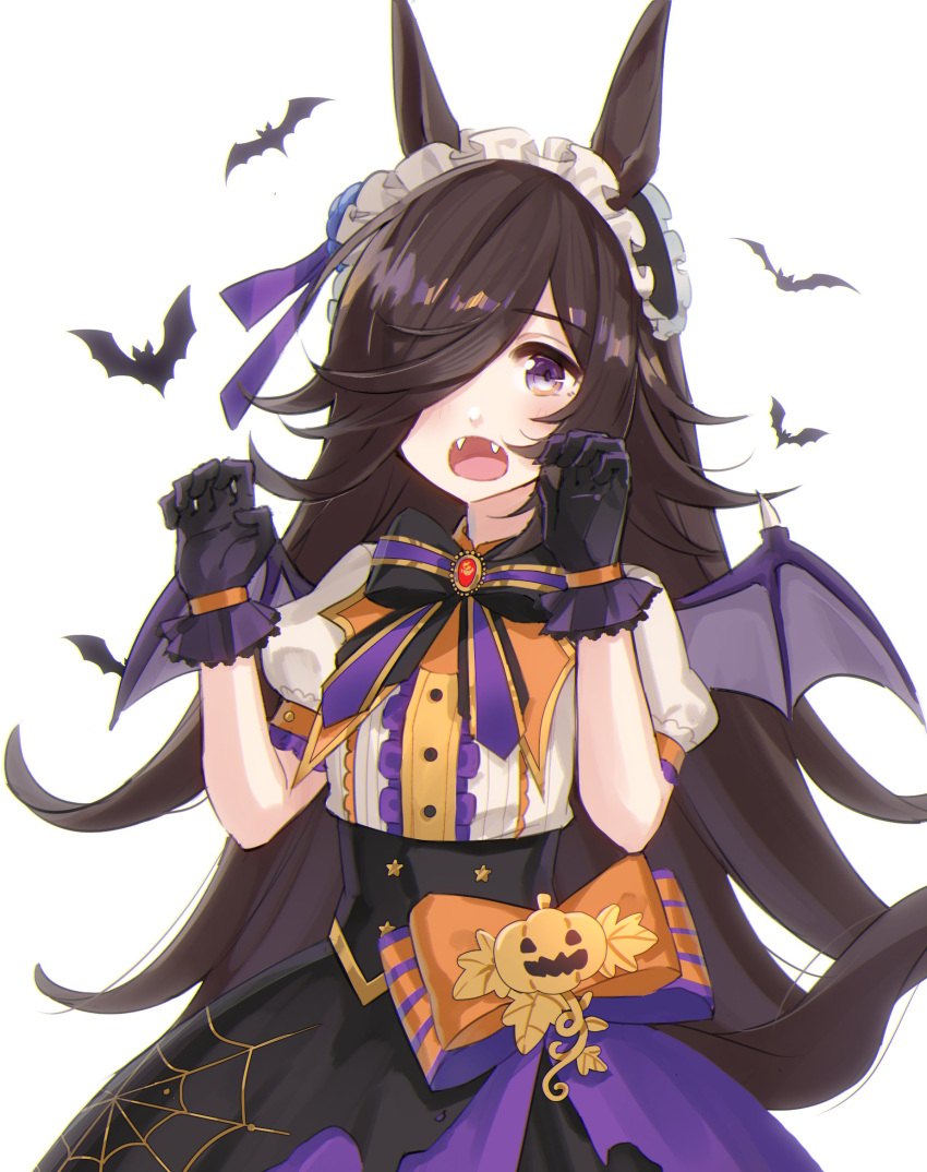 1girl animal_ears bad_id bad_twitter_id bat_(animal) bat_wings black_bow black_bowtie black_gloves black_hair black_hairband blue_flower blue_wings bow bowtie brooch center_frills claw_pose collared_shirt commentary fangs flower frilled_hairband frills gloves hair_flower hair_ornament hair_over_one_eye hair_ribbon hairband halloween halloween_costume highres horse_ears horse_girl horse_tail jack-o'-lantern_ornament jewelry long_hair looking_at_viewer make_up_in_halloween!_(umamusume) motion_lines official_alternate_costume open_mouth orange_bow puffy_short_sleeves puffy_sleeves purple_ribbon purple_skirt ribbon rice_shower_(umamusume) shidare_(youh4016) shirt short_sleeves simple_background skirt solo spider_web_print standing tail umamusume violet_eyes white_background white_shirt wings