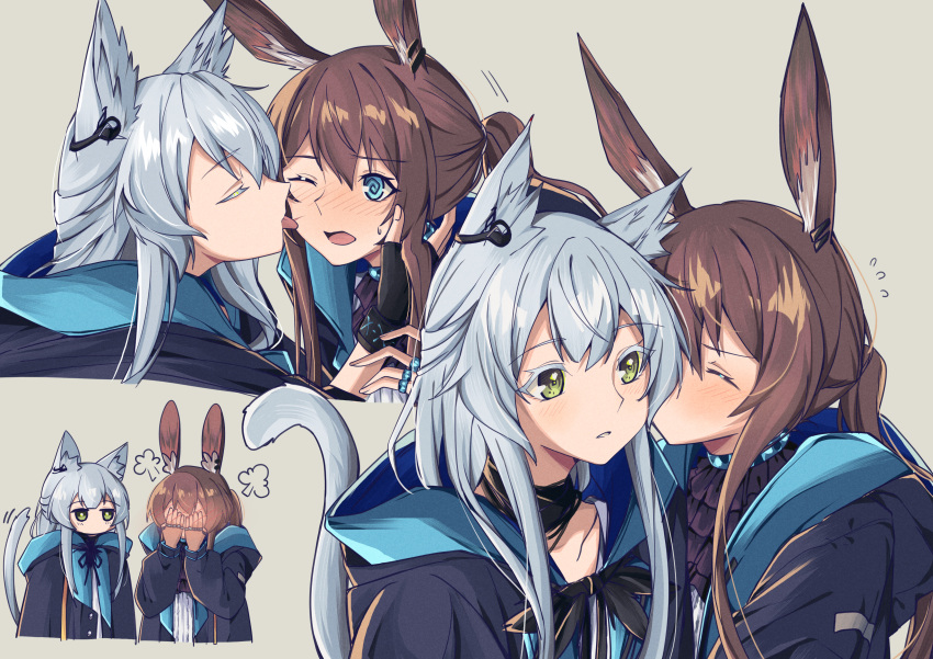 2girls =3 @_@ absurdres amiya_(arknights) animal_ear_fluff animal_ears arknights ascot black_cloak black_gloves black_jacket blue_ascot blue_collar blue_eyes blush brown_hair cat_ears cat_girl cat_tail cloak collar covering_face earpiece fingerless_gloves flying_sweatdrops full-face_blush gloves green_eyes grey_background grey_hair hands_up highres hood hood_down hooded_jacket jacket jewelry kiss kissing_cheek licking licking_another's_cheek licking_another's_face long_hair long_sleeves multiple_girls multiple_rings multiple_views neck_ring one_eye_closed open_mouth parted_lips pokarii_zuu ponytail rabbit_ears rabbit_girl ring rosmontis_(arknights) sidelocks simple_background sweatdrop tail tail_raised tongue tongue_out yuri