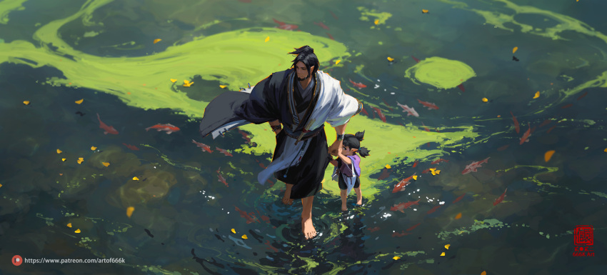 1boy 1girl age_difference artist_logo bangs barefoot beard black_hair child closed_mouth day facial_hair female_child fish from_above highres holding_hands kan_liu_(666k) medium_hair on_water original outdoors patreon_logo patreon_username pointy_ears ponytail ripples robe short_twintails twintails water web_address wrist_cuffs