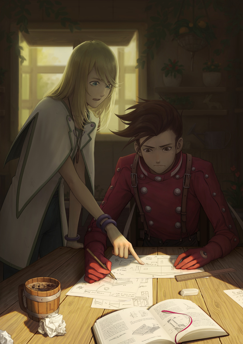 2boys blonde_hair blue_eyes book bracelet brown_eyes brown_hair crumpled_paper cup gloves highres jacket jewelry kazuko_(towa) lloyd_irving long_hair male_focus mithos_yggdrasill mug multiple_boys plant pointing potted_plant red_gloves red_jacket robe studying sweatdrop tales_of_(series) tales_of_symphonia white_robe