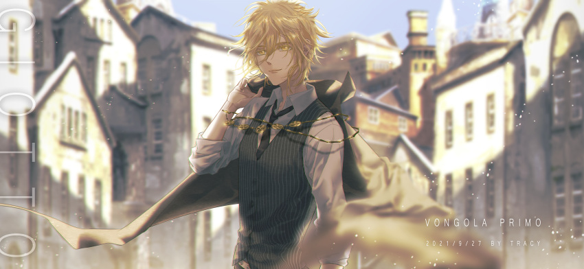 1boy absurdres artist_name black_cape black_necktie black_vest blonde_hair blurry blurry_background building cape chain character_name collared_shirt dated day depth_of_field giotto hair_between_eyes highres holding holding_cape holding_clothes katekyo_hitman_reborn looking_at_viewer male_focus necktie open_collar pinstripe_pattern pinstripe_vest qwer00138 shirt short_hair sleeves_rolled_up smile solo striped town upper_body vest white_shirt yellow_eyes