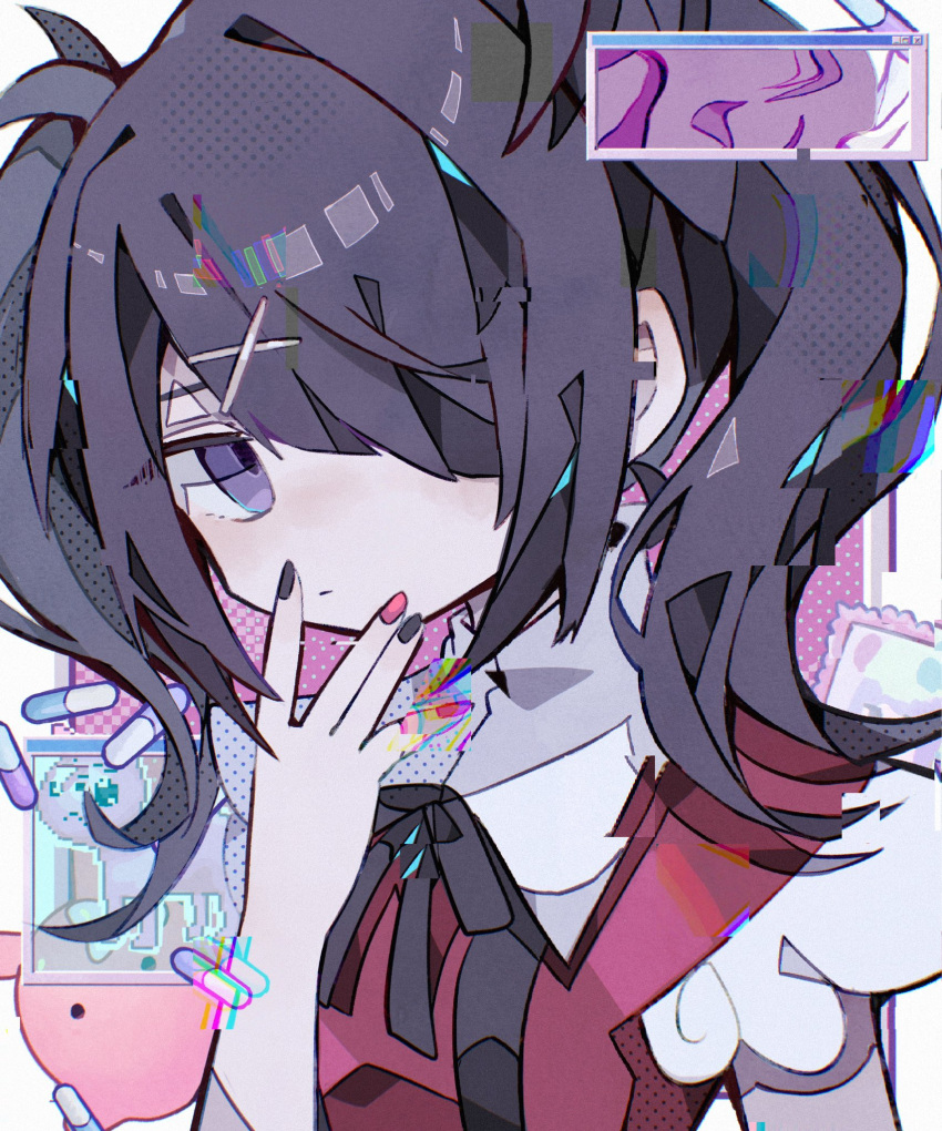 1girl ame-chan_(needy_girl_overdose) black_hair black_nails black_ribbon cat closed_mouth glitch hair_ornament hair_over_one_eye hand_up highres looking_at_viewer lsd medium_hair multicolored_nails nail_polish needy_girl_overdose pill pink_nails red_vest ribbon solo soresaki twintails upper_body vest violet_eyes wide_sleeves window_(computing) x_hair_ornament