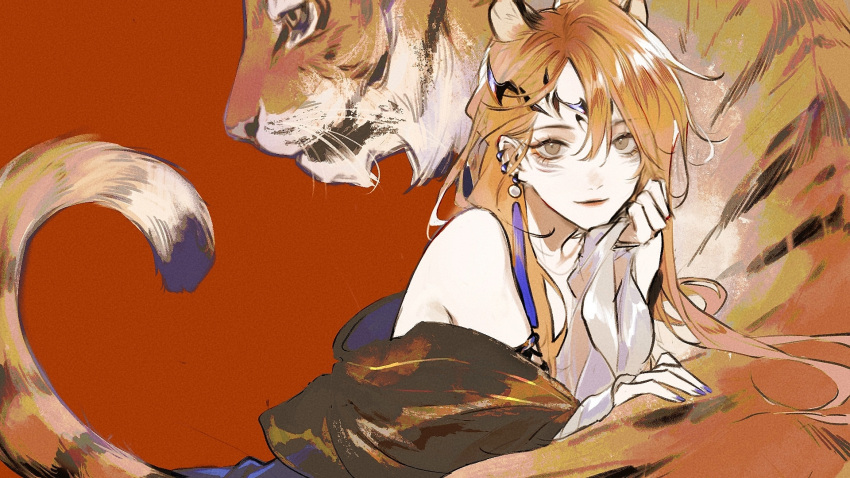 1girl animal_ears animal_print brown_eyes chinese_commentary closed_mouth commentary_request earclip earrings feixuxu film_grain highres jewelry long_hair looking_at_viewer orange_hair original purple_nails smile solo tiger tiger_girl tiger_print