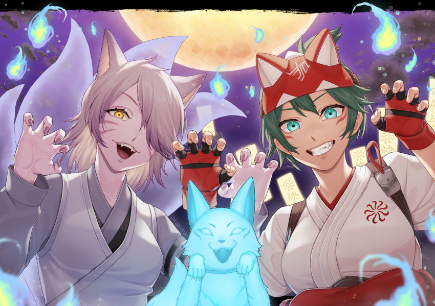 2girls animal_ears claw_pose clenched_teeth commentary_request d.va_(overwatch) facepaint facial_mark fangs fingerless_gloves fingernails fox fox_ears fox_girl fox_mask fox_tail full_moon gao ghost gloves glowing green_eyes green_hair hair_over_one_eye hakama half_mask halloween hitodama japanese_clothes kimono kiriko_(overwatch) kumiho kuzunue long_sleeves looking_at_viewer mask mask_on_head moon multiple_girls multiple_tails nail_polish night night_sky official_alternate_costume ofuda open_mouth outdoors overwatch overwatch_2 parted_lips purple_hair purple_nails purple_sky red_gloves rope_belt sharp_fingernails shin-ryeong_d.va sky smile tail tail_raised teeth topknot upper_body whisker_markings white_kimono yellow_eyes