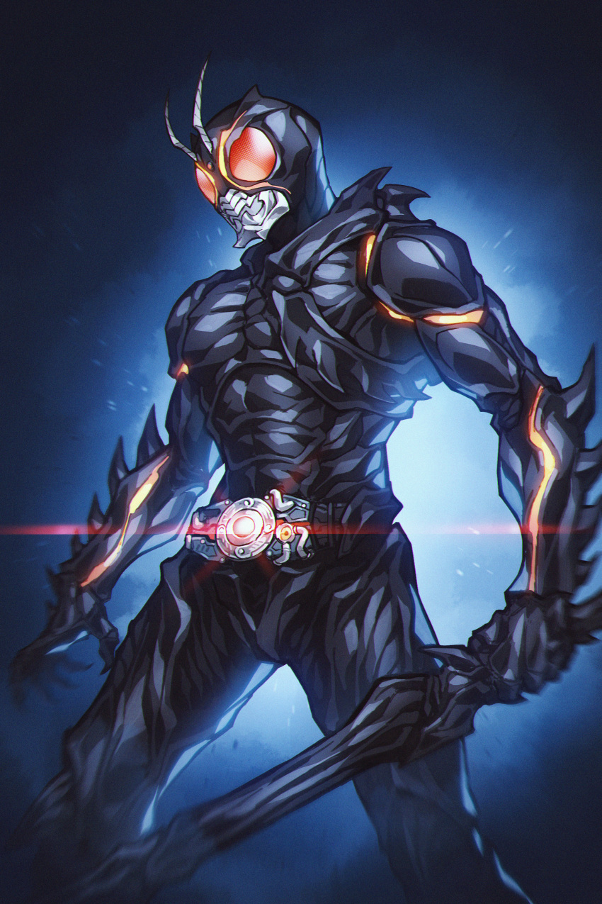 1boy absurdres antennae armor claws dark_background english_commentary glowing highres holding holding_sword holding_weapon kamen_rider kamen_rider_black kamen_rider_black_(series) kamen_rider_black_sun kamen_rider_black_sun_(character) kingstone monster no_humans onion_maru red_eyes rider_belt solo spikes standing sword upper_body weapon