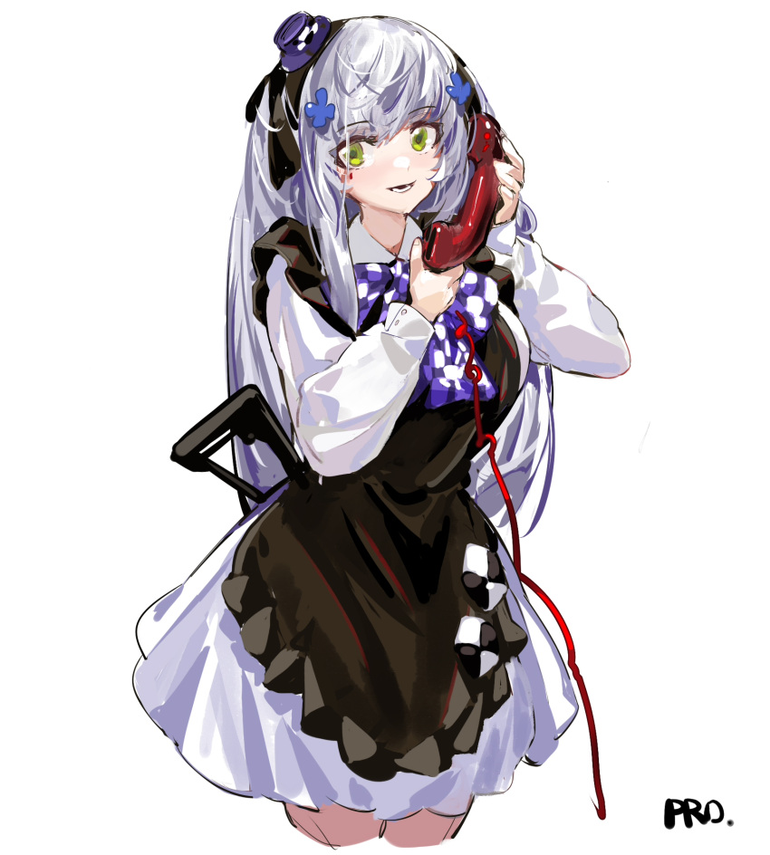 1girl apron bangs bow bowtie breasts collared_dress cropped_legs dress girls_frontline green_eyes hair_ornament hairband hat highres hk416_(black_kitty's_gift)_(girls'_frontline) hk416_(girls'_frontline) holding holding_phone long_hair long_sleeves looking_at_viewer maid_apron medium_breasts mini_hat mini_top_hat open_mouth phone prossss signature simple_background smile solo top_hat white_background white_dress