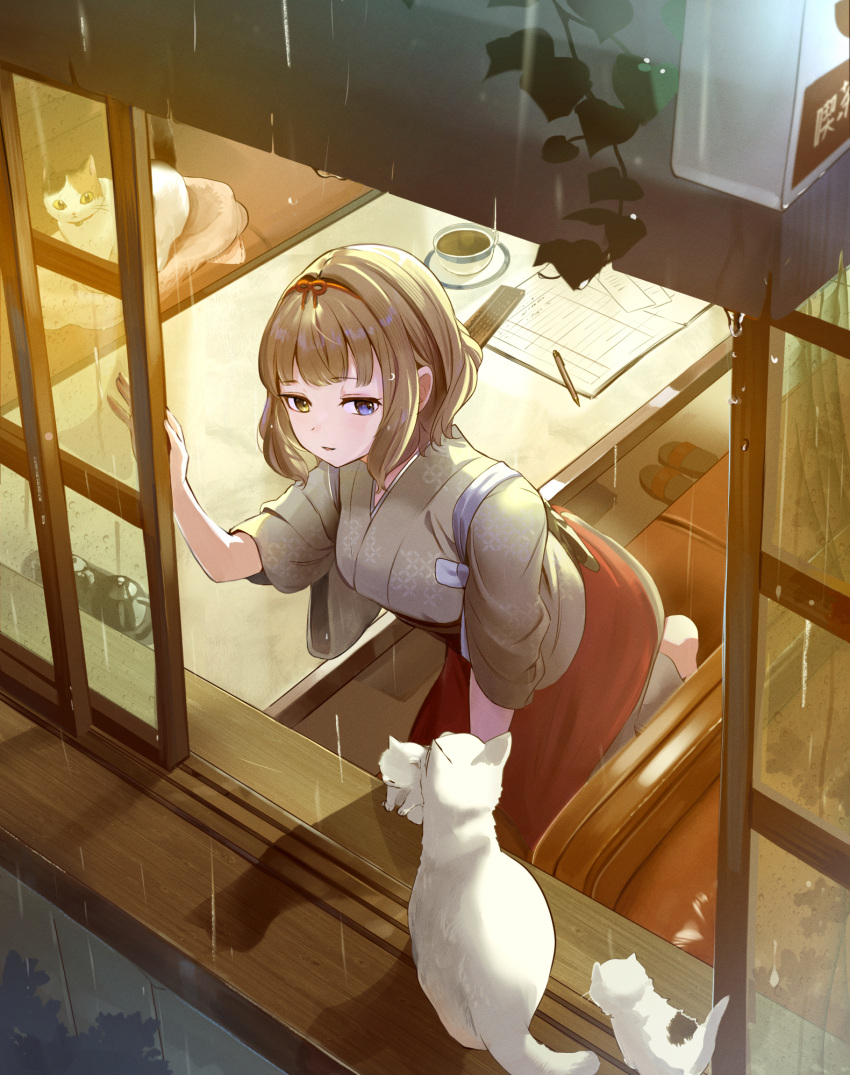 1girl blonde_hair blue_eyes bob_cut bow cat cup from_above green_kimono hair_bow heterochromia highres indoors japanese_clothes kimono kneeling leaf looking_away looking_outside notebook original parted_lips pencil plate rain red_bow red_kimono short_hair tasuku_(otomebotan) white_cat window yellow_eyes