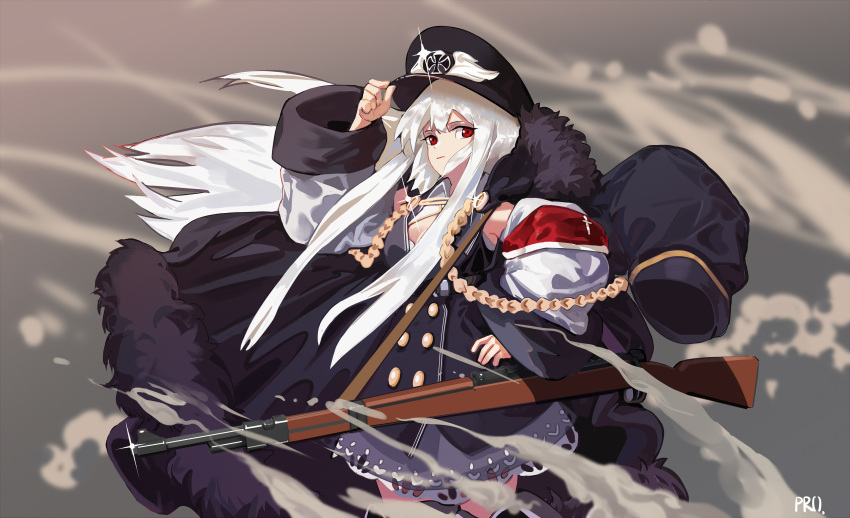 1girl absurdres aiguillette bangs black_coat black_headwear black_jacket blurry blurry_background bolt_action buttons closed_mouth coat coat_on_shoulders cowboy_shot double-breasted fur-trimmed_coat fur_trim girls_frontline glint grey_hair gun hand_on_headwear hand_on_hip hand_up hat highres jacket kar98k_(girls'_frontline) long_hair long_sleeves looking_at_viewer mauser_98 peaked_cap prossss red_eyes rifle signature sling solo weapon