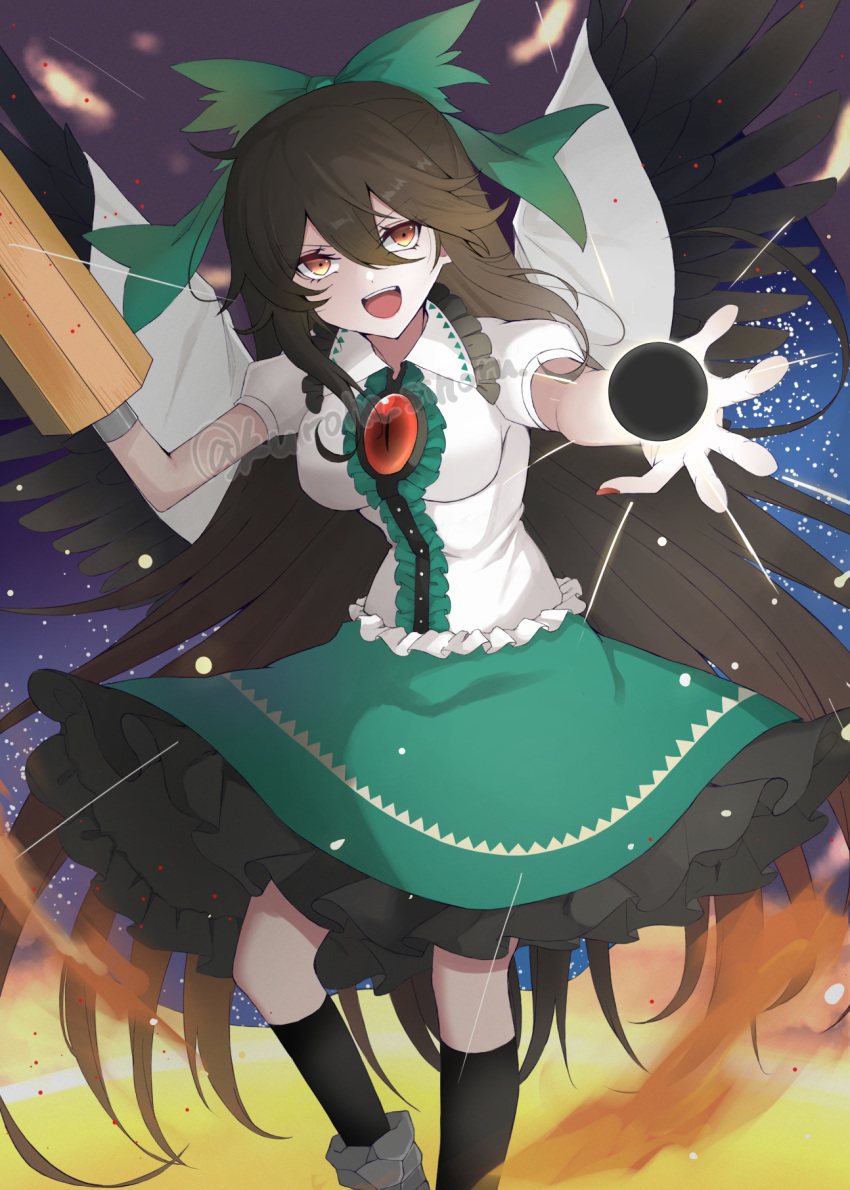 1girl :d arm_cannon asymmetrical_footwear bird_wings black_socks black_wings bow cape english_commentary green_bow green_skirt hair_between_eyes hair_bow highres kuro_wa_shinoru looking_at_viewer mismatched_footwear open_mouth red_eyes reiuji_utsuho shirt short_sleeves skirt smile socks solo starry_sky_print third_eye touhou weapon white_cape white_shirt wings