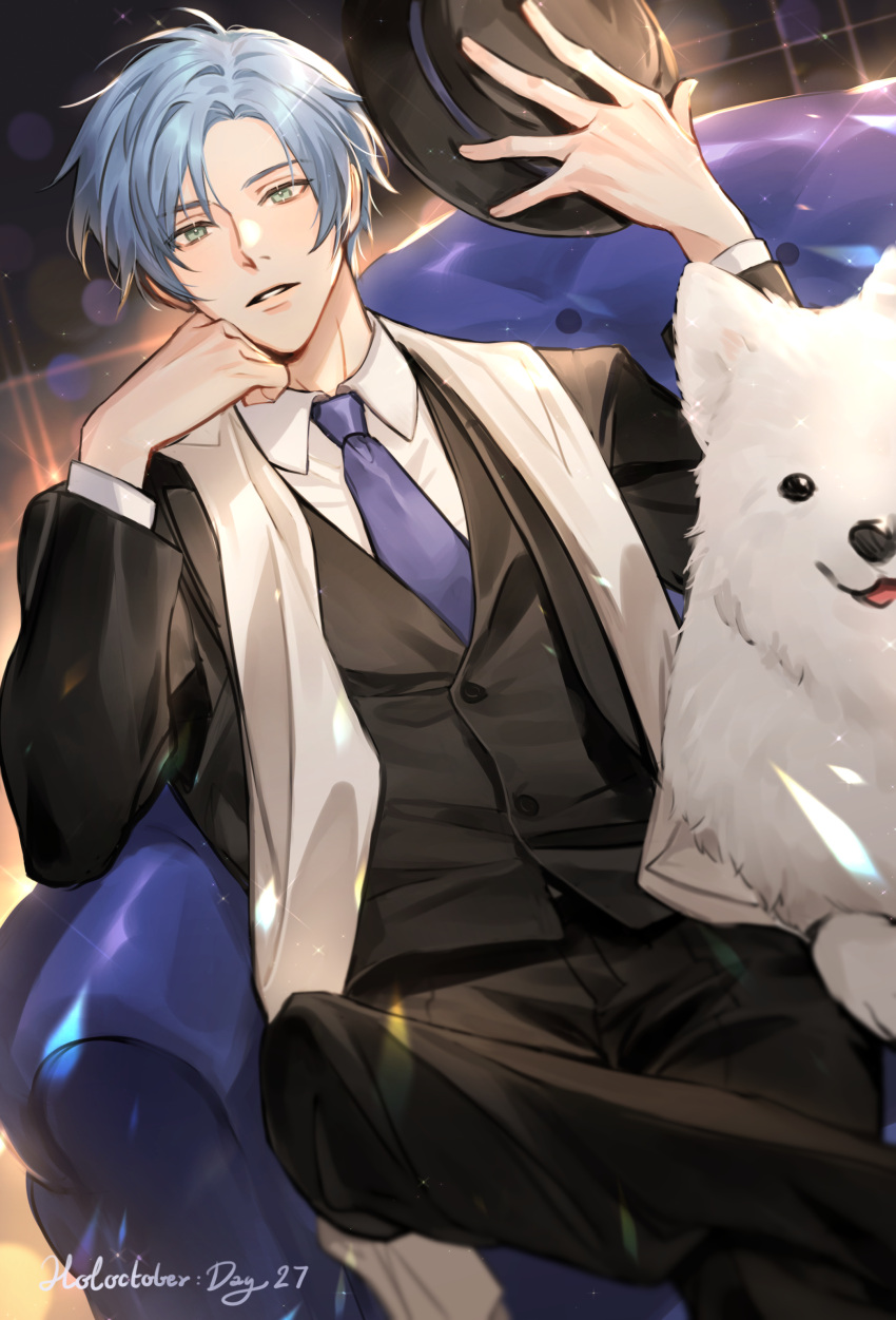 absurdres blue_eyes blue_hair dog formal gangster hat highres holostars holostars_english jacket long_sleeves looking_at_viewer mafia male_focus multicolored_hair necktie pants regis_altare rm-parfait short_hair sitting suit virtual_youtuber