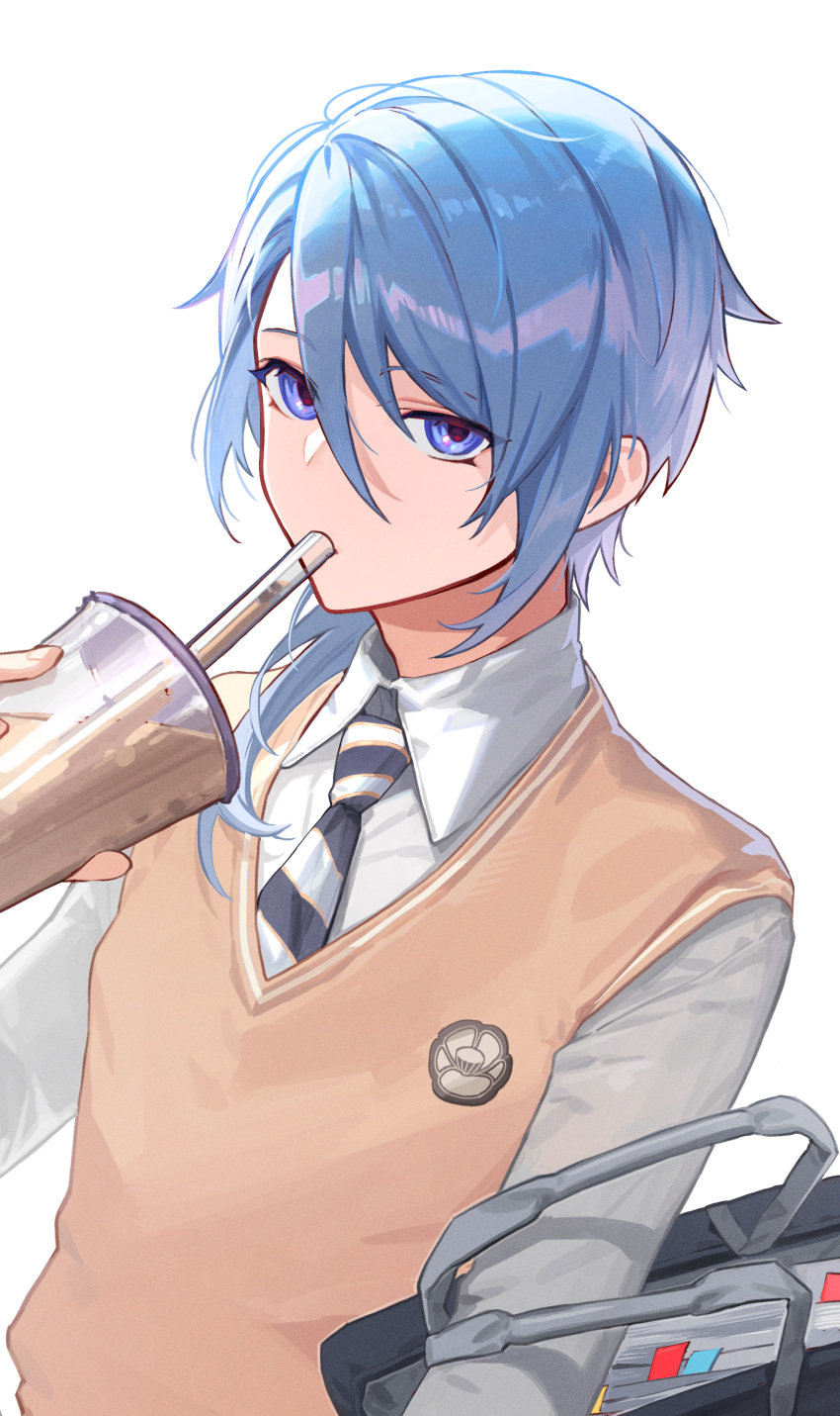 1boy absurdres alternate_costume bag bangs blue_eyes blue_hair bubble_tea commentary cup disposable_cup drinking_straw drinking_straw_in_mouth genshin_impact hair_between_eyes highres holding holding_cup kamisato_ayato long_sleeves looking_at_viewer male_focus necktie school_uniform shirt simple_background solo sweater_vest symbol-only_commentary upper_body white_background white_shirt xiu_xxx_wu