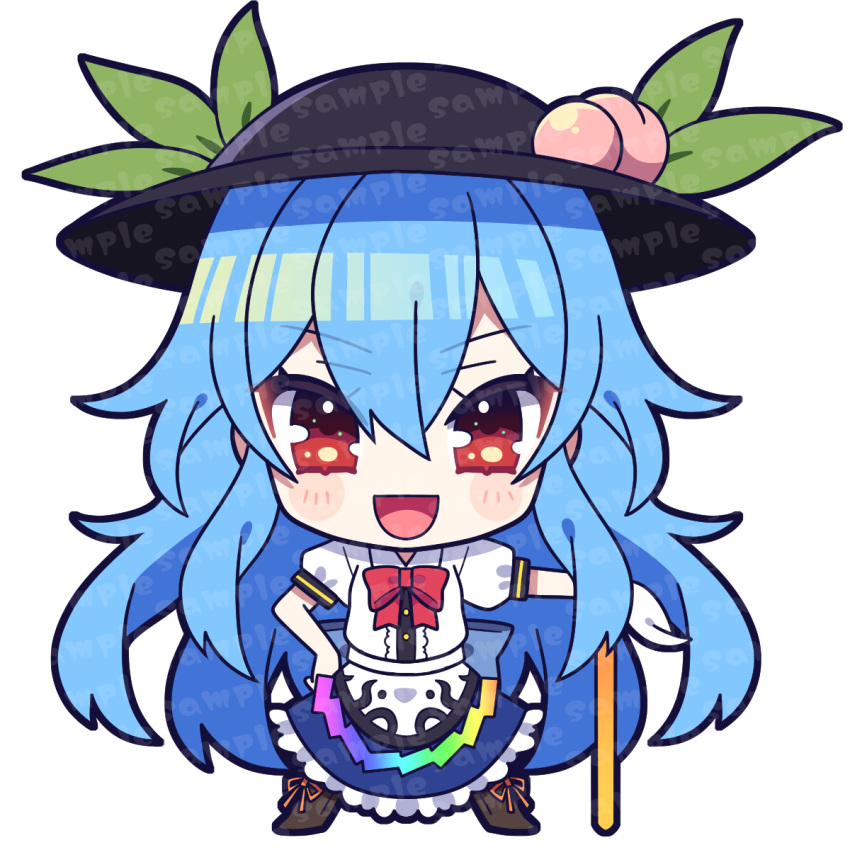 1girl :d black_headwear blue_hair blue_skirt bow bowtie chibi food fruit full_body highres hinanawi_tenshi holding holding_sword holding_weapon leaf long_hair looking_at_viewer open_mouth peach rainbow_gradient red_bow red_bowtie red_eyes short_sleeves skirt smile solo standing sword touhou transparent_background very_long_hair watermark weapon yoriteruru