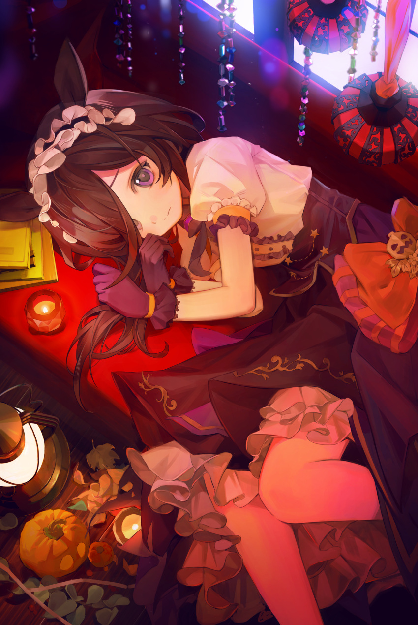 1girl absurdres animal_ears bow brown_hair candle closed_mouth corette dress frilled_dress frilled_hairband frills gloves hair_over_one_eye hairband halloween highres horse_ears horse_girl indoors jack-o'-lantern lantern long_hair looking_at_viewer lying on_side puffy_short_sleeves puffy_sleeves pumpkin purple_gloves rice_shower_(umamusume) short_sleeves solo umamusume violet_eyes window