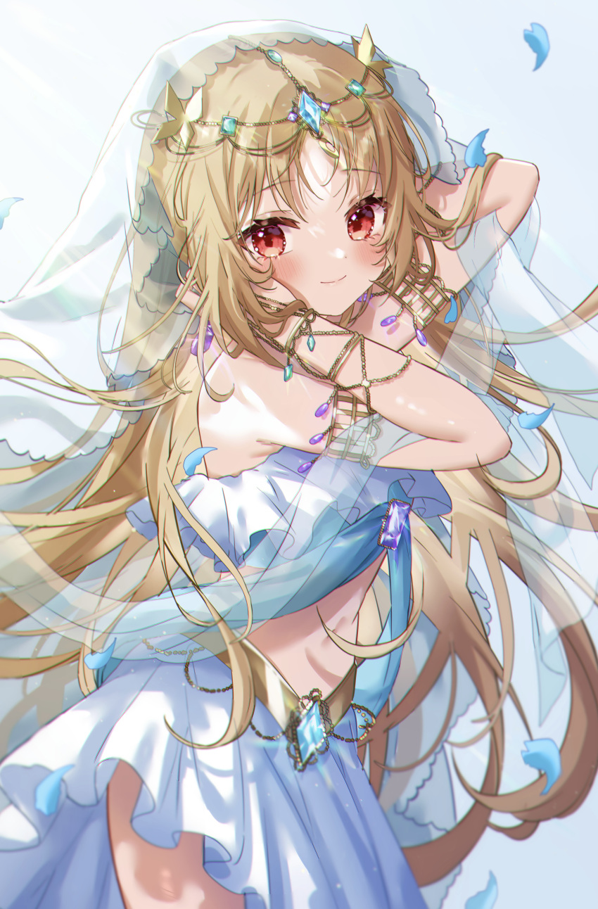 1girl absurdres arabian_clothes arms_up bare_shoulders belly_dancing blonde_hair blush bracelet breasts circlet dancer hair_ornament harem_outfit highres jewelry navel neck_ring original petals red_eyes shinzousan simple_background skirt smile veil