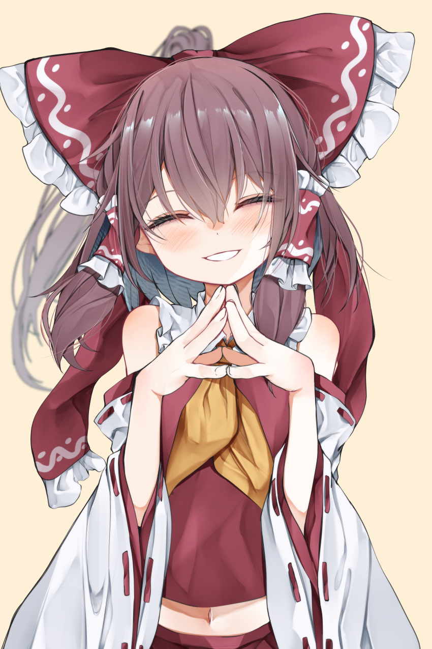 1girl absurdres ascot bare_shoulders blush bow brown_hair closed_eyes detached_sleeves facing_viewer hair_between_eyes hair_bow hair_tubes hakurei_reimu highres japanese_clothes long_hair navel nontraditional_miko open_mouth red_bow red_skirt ribbon-trimmed_sleeves ribbon_trim sidelocks simple_background skirt smile solo steepled_fingers touhou tsune_(tune) upper_body white_background white_sleeves wide_sleeves yellow_ascot
