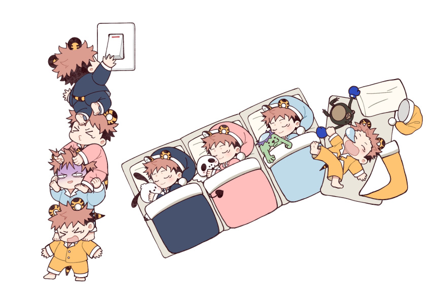 &gt;3&lt; &gt;_&lt; 4boys animal_ears arm_up barefoot blanket blue_pajamas character_request chibi closed_eyes closed_mouth grabbing_another's_hair hat highres human_tower itadori_yuuji jujutsu_kaisen kemonomimi_mode light_switch long_sleeves lying male_focus messy_sleeper multiple_boys multiple_persona nightcap nose_bubble on_back on_side open_mouth pajamas pillow pink_hair pink_pajamas short_hair simple_background sleeping smile spiky_hair stacking standing standing_on_shoulder tail tiger_ears tiger_tail tootigee turn_pale under_covers undercut white_background yellow_pajamas