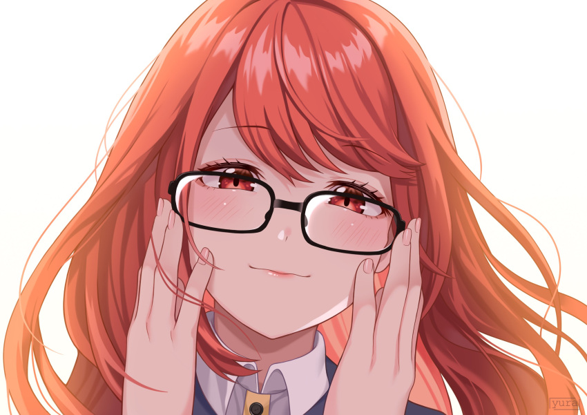 1girl black-framed_eyewear blush commentary english_commentary fingernails glasses hands_on_own_face highres lips long_hair looking_at_viewer persona persona_5 persona_5_the_royal pink_lips red_eyes redhead simple_background smile solo upper_body white_background yoshizawa_sumire yura_s_arts