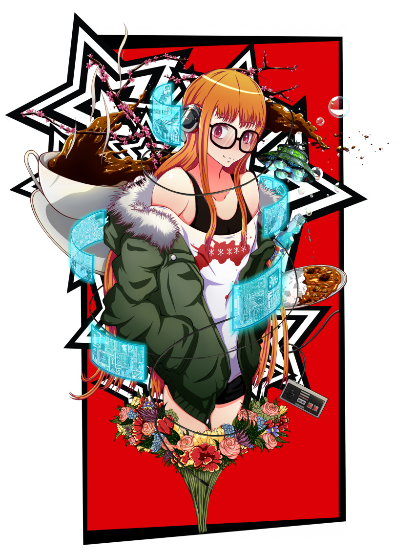 1girl :3 absurdres ahoge bangs bare_shoulders black_shorts black_tank_top bouquet bubble closed_mouth coffee coffee_cup controller cup curry curry_rice disposable_cup flower food fur-trimmed_jacket fur_trim game_controller glasses green_jacket hands_in_pockets headphones highres highwater_trousers holographic_interface jacket long_hair looking_at_viewer off-shoulder_shirt off_shoulder orange_hair persona persona_5 plate print_shirt red_eyes rice sakura_futaba shirt short_shorts shorts solo spacecraft tank_top white_shirt wire