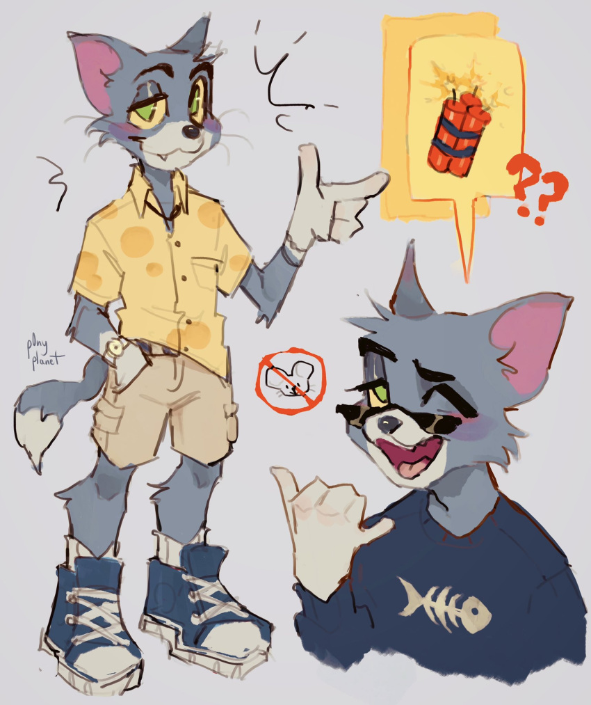 1boy :3 ? ?? \m/ ^^^ animal_ears animal_nose artist_name belt blush body_fur breast_pocket buttons cargo_shorts cat_boy cat_ears cat_tail closed_mouth collared_shirt colored_sclera commentary dynamite english_commentary fang fang_out fish_bone fish_bone_print full_body furry furry_male fuse green_eyes grey_background grey_fur hand_in_pocket hand_up highres index_finger_raised lit_fuse long_sleeves multiple_views no_symbol one_eye_closed open_mouth p0nyplanet pocket print_shirt shirt shoelaces shoes short_sleeves shorts signature simple_background sketch smile sneakers speech_bubble spoken_object standing sunglasses tail thick_eyebrows tom_(tom_and_jerry) tom_and_jerry tongue watch whiskers yellow_sclera yellow_shirt