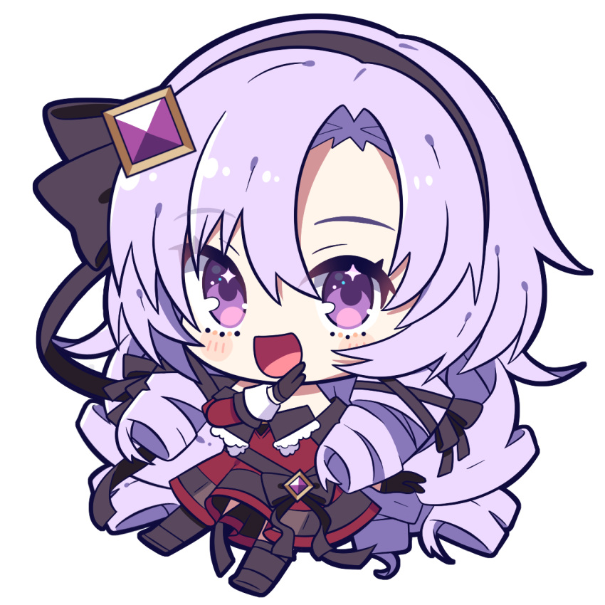 1girl black_gloves blush chibi drill_hair full_body gloves hairband highres hyakumantenbara_salome long_hair long_sleeves looking_at_viewer nijisanji ojou-sama_pose open_mouth purple_hair revision smile sparkling_eyes transparent_background violet_eyes virtual_youtuber yoriteruru