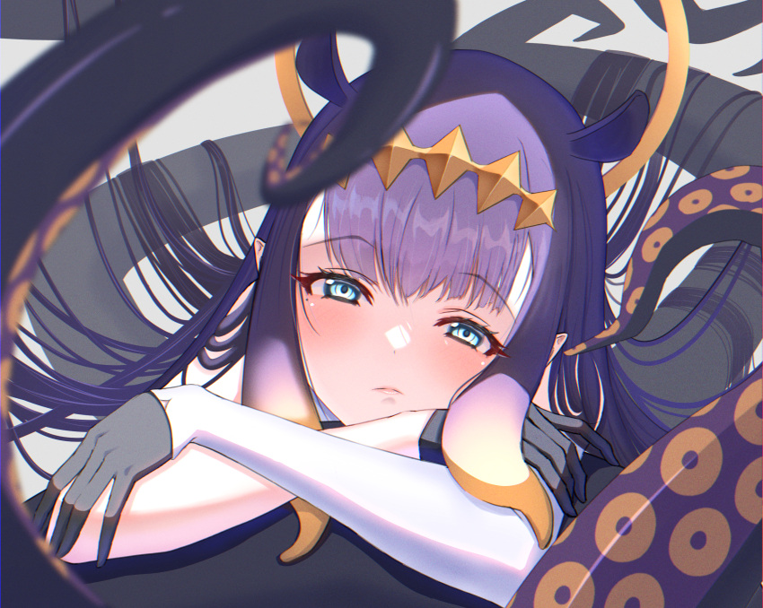 1girl animal_ears bangs black_gloves blue_eyes blunt_bangs blush close-up closed_mouth detached_sleeves film_grain fur-trimmed_collar gloves gradient_hair half_gloves halo headpiece highres hololive hololive_english long_hair looking_at_viewer mole mole_under_eye multicolored_hair ninomae_ina'nis orange_hair pointy_ears puckered_lips purple_hair rin_illust_0805 sidelocks single_detached_sleeve tentacle_hair tentacles very_long_hair virtual_youtuber