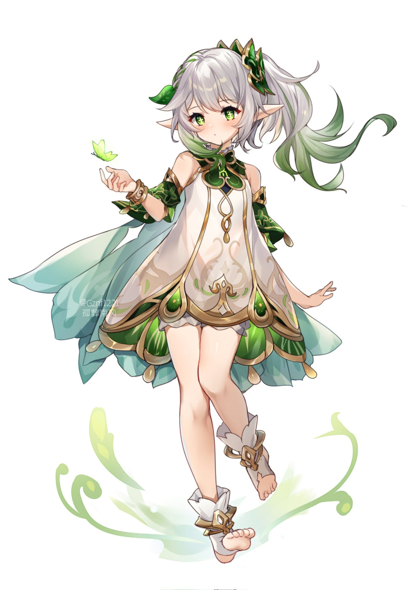 1girl bangs bare_shoulders bloomers blush bug butterfly cape cross-shaped_pupils detached_sleeves dress full_body genshin_impact gradient_hair green_cape green_eyes green_hair green_sleeves grey_hair guzangnanfeng hair_between_eyes hair_ornament highres leaf_hair_ornament multicolored_hair nahida_(genshin_impact) pointy_ears see-through see-through_dress side_ponytail sleeveless sleeveless_dress solo stirrup_footwear toeless_footwear underwear white_background white_bloomers white_dress white_footwear