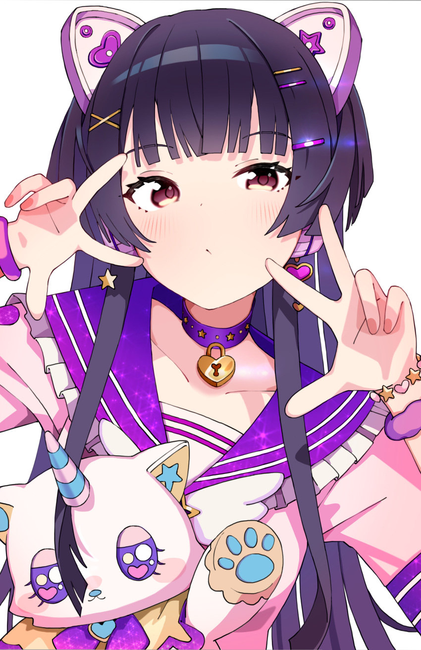 1girl absurdres animal_ear_headphones animal_ears bangs black_hair blush bracelet brown_eyes choker closed_mouth commentary double_w fake_animal_ears frilled_shirt_collar frills hair_ornament hairclip headphones highres idolmaster idolmaster_shiny_colors jewelry lock long_hair looking_at_viewer mayuzumi_fuyuko morumoru_x pink_shirt sailor_collar shirt solo stuffed_animal stuffed_toy upper_body w w_over_eye white_background wristband x_hair_ornament