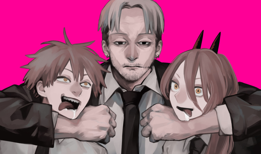 1girl 2boys black_necktie chainsaw_man collared_shirt cross-shaped_pupils denji_(chainsaw_man) ear_piercing facial_hair grey_hair hair_between_eyes headlock highres horns kishibe_(chainsaw_man) light_brown_hair multiple_boys nakano_(mitinni_tk) necktie open_mouth orange_eyes piercing pink_background power_(chainsaw_man) red_horns saliva scar scar_on_face shirt simple_background smile stubble tongue tongue_out white_shirt