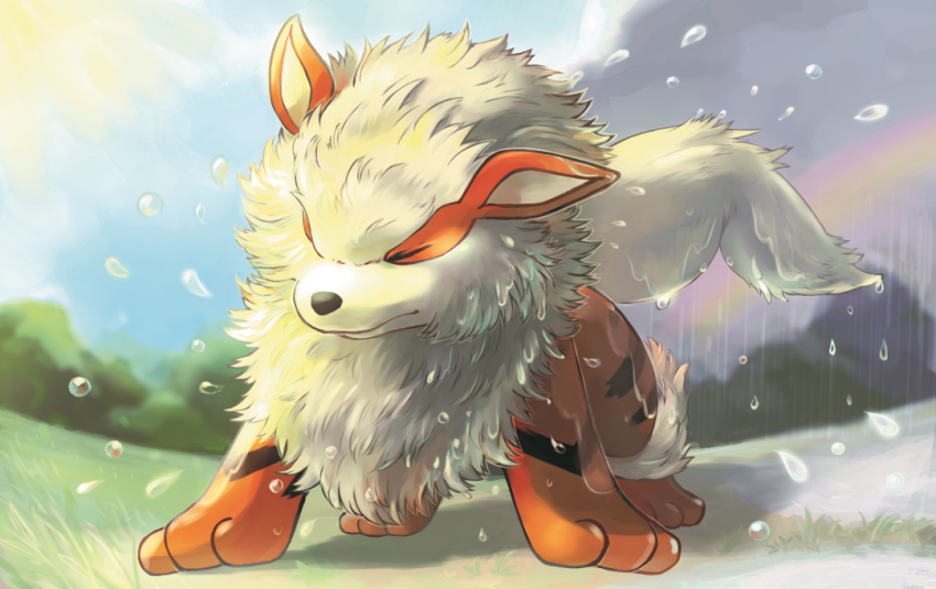 arcanine closed_mouth clouds commentary_request day full_body grass no_humans outdoors pokemon pokemon_(creature) rain rainbow standing tansho water_drop wet