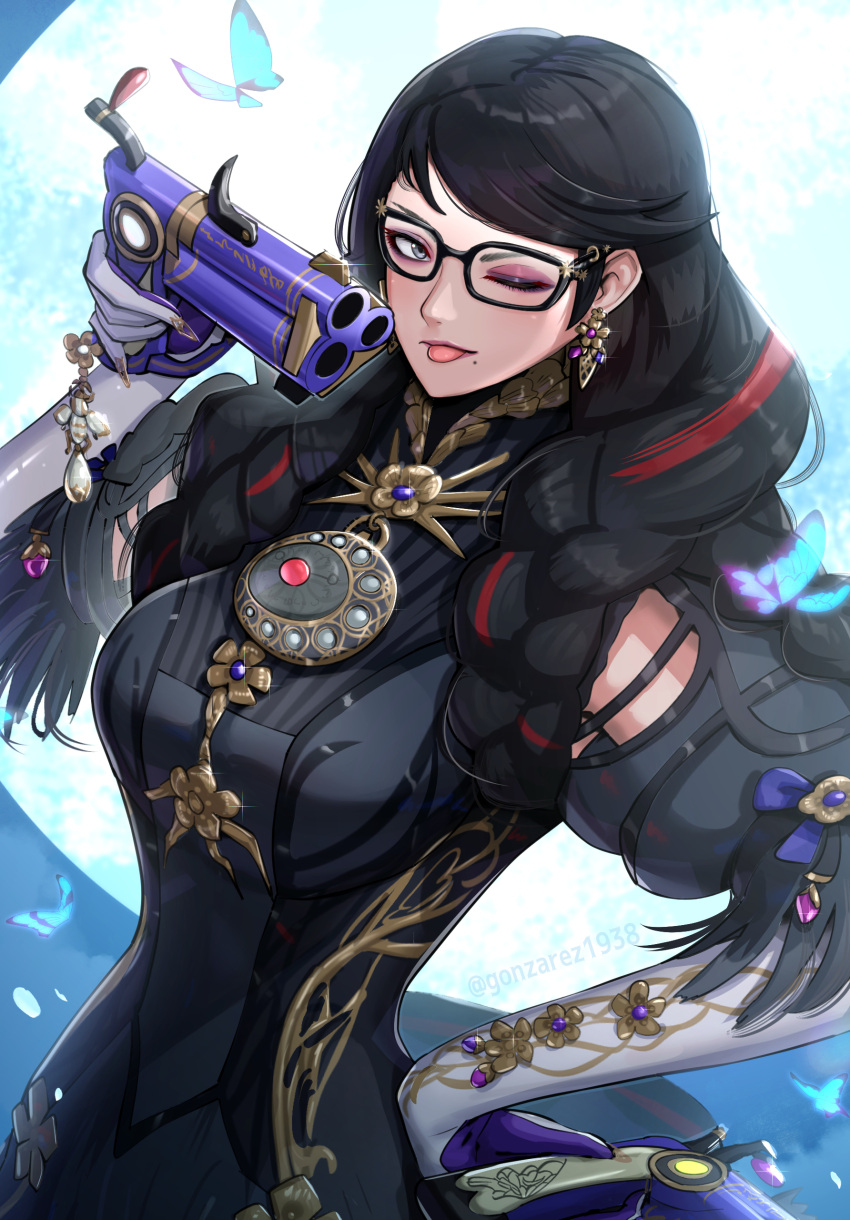 1girl absurdres bayonetta bayonetta_(series) bayonetta_3 black_hair braid breasts bug butterfly clothing_cutout earrings eyeshadow glasses gloves gonzarez gun highres jewelry lipstick long_hair looking_at_viewer makeup mole mole_under_mouth multicolored_hair one_eye_closed redhead ribbon simple_background smile solo streaked_hair tongue twin_braids twintails weapon