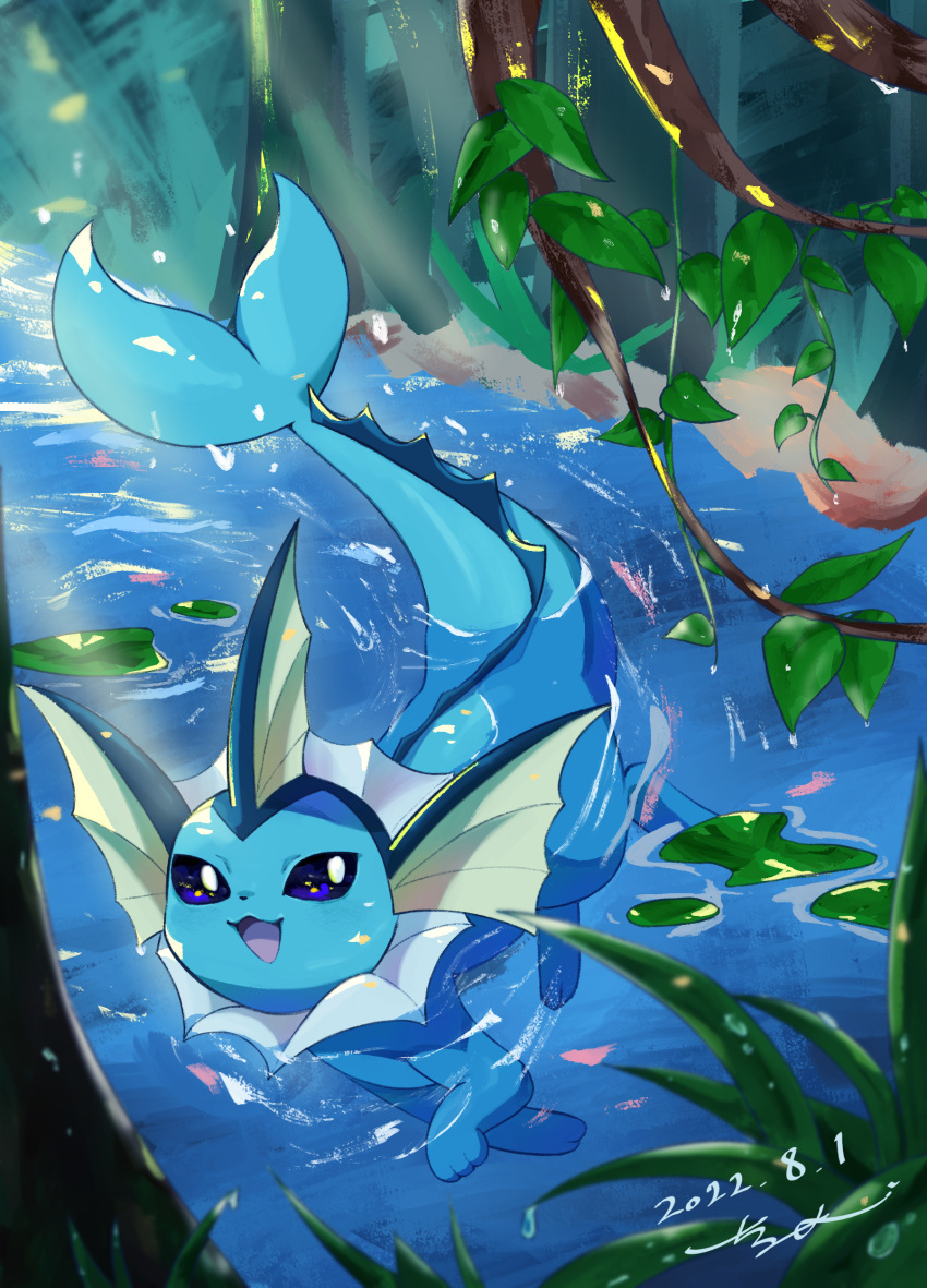 :d absurdres branch commentary_request dappled_sunlight dated dot_nose fins highres leaf lily_pad looking_at_viewer no_humans open_mouth outdoors pokemon pokemon_(creature) signature smile sunlight surumeika_(ninfiiiir) swimming tail_raised tree vaporeon violet_eyes water
