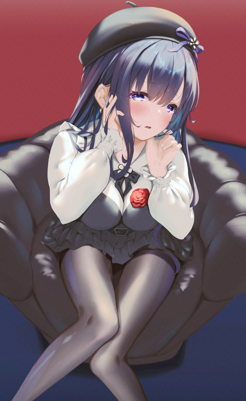1girl a-soul absurdres bangs bella_(a-soul) belt beret black_hair black_pantyhose blush breasts couch dress flower hand_on_own_face hat highres jm1990henan long_hair looking_at_viewer medium_breasts pantyhose parted_lips sitting solo violet_eyes virtual_youtuber