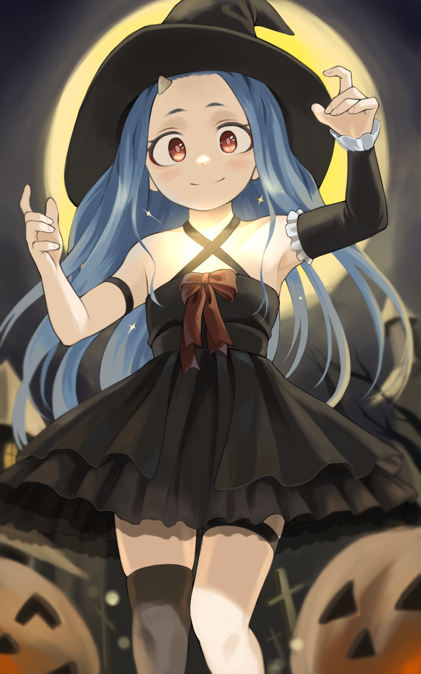 1girl absurdres armlet boku_no_hero_academia closed_mouth detached_sleeves dress eri_(boku_no_hero_academia) facing_viewer fengling_(furin-jp) full_moon grey_hair halloween_costume hands_up hat highres horns jack-o'-lantern long_hair looking_at_viewer moon night outdoors pumpkin red_eyes single_detached_sleeve single_horn single_sleeve single_thighhigh smile solo standing thigh-highs thighlet witch witch_hat